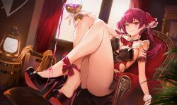Rule 34 | 1girl, alternate costume, ankle ribbon, armchair, ascot, bare legs, barrel, black footwear, breasts, chair, commentary request, cup, curtains, gem, gloves, hair ornament, hand on own knee, hand up, heart, heterochromia, high heels, highres, holding, holding cup, hololive, houshou marine, indoors, lantern, large breasts, leg ribbon, legs, lingerie, long hair, nr noir, on chair, plant, purple hair, red ascot, red eyes, red ribbon, ribbon, rope, sitting, skull, smile, solo, spilling, thighs, toe cleavage, twintails, underwear, virtual youtuber, white gloves, window, yellow eyes