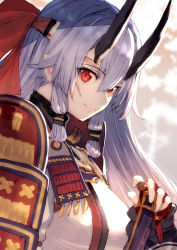 Rule 34 | 1girl, armor, breasts, commentary request, fate/grand order, fate (series), fingerless gloves, gloves, hair between eyes, hand on hilt, headband, horns, japanese armor, katana, long hair, looking at viewer, medium breasts, oni horns, red eyes, shirabi, shoulder armor, silver hair, sketch, smile, sode, solo, sword, tomoe gozen (fate), upper body, weapon