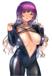 Rule 34 | 1girl, areola slip, biker clothes, bikesuit, blonde hair, blush, bodysuit, bodysuit pull, breasts, brown hair, clothes lift, collarbone, commentary request, cowboy shot, cross-laced clothes, fingernails, gradient hair, head tilt, hijiri byakuren, huge breasts, long hair, long sleeves, looking at viewer, multicolored hair, nail polish, navel, no bra, nose blush, pink nails, poko (mammypoko), purple hair, shiny clothes, shiny skin, sidelocks, skin tight, solo, standing, stomach, thigh gap, tongue, tongue out, touhou, turbo byakuren, wavy hair