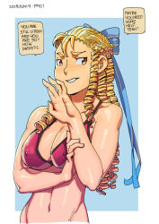 Rule 34 | 1girl, ac120, arm under breasts, bikini, blonde hair, blue ribbon, breasts, collarbone, covered erect nipples, drill hair, english text, female focus, hair ribbon, highres, kanzuki karin, large breasts, long hair, looking at viewer, navel, parted lips, pink bikini, ribbon, smug, solo, speech bubble, street fighter, swimsuit, upper body, yellow eyes