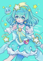 Rule 34 | 1girl, aqua hair, blue background, blush, character name, choker, copyright name, cure milky, dated, earrings, finger to cheek, hair ornament, hairband, highres, jewelry, magical girl, narumame, open mouth, pointy ears, precure, prunce (precure), see-through, single leg pantyhose, skirt, smile, solo, star (symbol), star earrings, star hair ornament, star twinkle precure, starry background, symbol-shaped pupils, twitter username, wrist cuffs, yellow hairband