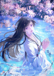 Rule 34 | 1girl, absurdres, artist request, black hair, boat, breasts, closed mouth, dress, falling petals, from side, highres, in water, long hair, long sleeves, medium breasts, petals, purple eyes, qinshi mingyue, sash, second-party source, shi lan (qinshi mingyue), solo, upper body, veil, water, watercraft, white dress