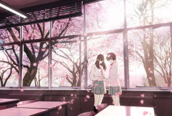 Rule 34 | 2girls, black legwear, blunt bangs, brown hair, chair, cherry blossoms, chinese commentary, closed eyes, closed mouth, collared shirt, commentary, couple, desk, faceless, faceless female, feet out of frame, green skirt, highres, holding hands, indoors, long hair, long sleeves, maionese, multiple girls, one eye covered, original, petals, red ribbon, ribbon, school, school chair, school desk, school uniform, shirt, short hair, skirt, sleeve cuffs, smile, standing, tree, white shirt, window, yuri