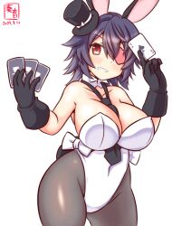 Rule 34 | 1girl, alternate costume, animal ears, artist logo, between breasts, black gloves, black hat, black pantyhose, breasts, card, covered navel, cowboy shot, dated, detached collar, eyepatch, fake animal ears, gloves, hat, holding, holding card, kanon (kurogane knights), kantai collection, large breasts, leotard, looking at viewer, mini hat, mini top hat, necktie, necktie between breasts, one-hour drawing challenge, pantyhose, playboy bunny, purple hair, rabbit ears, rabbit tail, simple background, strapless, strapless leotard, tail, tenryuu (kancolle), top hat, white background, white leotard, wrist cuffs