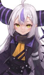 Rule 34 | 1girl, ahoge, black horns, blush, braid, closed mouth, commentary request, highres, hololive, horns, la+ darknesss, la+ darknesss (1st costume), long hair, looking at viewer, multicolored hair, nyucha, purple hair, shirt, simple background, smile, solo, streaked hair, striped horns, upper body, virtual youtuber, white hair, white shirt, yellow eyes