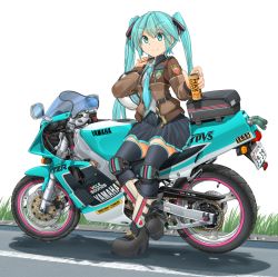 Rule 34 | 1girl, aqua eyes, aqua hair, aqua necktie, black ribbon, blouse, blue skirt, blue thighhighs, boots, brown jacket, can, closed mouth, collared shirt, commentary request, drink can, emblem, english text, grey shirt, hair ribbon, hatsune miku, helmet, highres, holding, holding can, holding helmet, jacket, knee pads, logo, long hair, looking at viewer, mikeran (mikelan), miniskirt, motor vehicle, motorcycle, motorcycle helmet, necktie, open clothes, open jacket, partial commentary, pleated skirt, ribbon, shirt, sitting, skirt, smile, soda can, solo, spring onion, thighhighs, twintails, unworn headwear, unworn helmet, very long hair, vocaloid, white background, white footwear, wing collar, yamaha, yamaha tzr250r