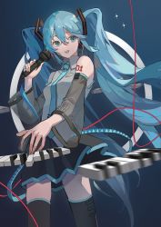 Rule 34 | 1girl, 30020505, absurdres, arm tattoo, bare shoulders, black skirt, black thighhighs, blue background, blue eyes, blue hair, blue necktie, chinese commentary, collared shirt, commentary request, detached sleeves, feet out of frame, gradient background, grey shirt, hair between eyes, hatsune miku, headphones, highres, holding, holding microphone, long hair, looking to the side, microphone, motion blur, necktie, number tattoo, open mouth, piano keys, red ribbon, ribbon, see-through, see-through sleeves, shirt, skirt, sleeveless, sleeveless shirt, smile, solo, sparkle, standing, tattoo, thighhighs, twintails, very long hair, vocaloid