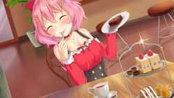 Rule 34 | 1girl, ^ ^, bare shoulders, blush, breasts, cake, cake slice, chair, cleavage, closed eyes, closed mouth, collarbone, corset, cup, detached sleeves, door, dutch angle, eating, closed eyes, food, food on face, foodgasm, fork, glint, hair between eyes, hair ornament, highres, holding, holding fork, indoors, long sleeves, medium breasts, original, pink hair, plant, plate, potted plant, sandwich, saucer, short hair, sitting, smile, solo, sparkle, stool, swiss roll, table, teacup, tiered tray, tile floor, tiles, wrist cuffs, x hair ornament, yuunagi (0217)