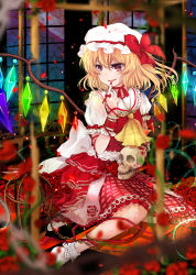 Rule 34 | 1girl, absurdres, ascot, birdcage, blonde hair, blush, bobby socks, cage, chain, checkered floor, choker, crystal, doraka, fang, finger to mouth, flandre scarlet, floor, floral print, flower, full moon, hat, hat ribbon, highres, moon, nail polish, night, open mouth, petals, puffy sleeves, red eyes, red flower, red rose, ribbon, rose, rose petals, short hair, side ponytail, sitting, skirt, skull, smile, socks, solo, touhou, vest, wariza, window, wings, wrist cuffs