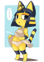 Rule 34 | 1girl, animal crossing, ankha (animal crossing), blue background, blue hair, blunt bangs, blush, claws, clothes lift, dress, dress lift, furry, half-closed eyes, highres, ino (tellu0120), looking at viewer, nintendo, open mouth, panties, short hair, solo, striped tail, sweat, tail, underwear, uraeus