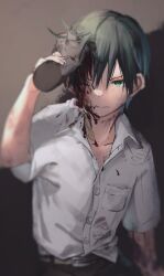 Rule 34 | 1boy, 1other, aimai sheena, belt, black hair, blood, blood in hair, blood on clothes, blood on face, blurry, bullying, buttons, collared shirt, depth of field, disembodied limb, footprints, green eyes, hand on another&#039;s head, highres, injury, looking at viewer, male focus, original, pants, reverse ryona, scowl, shirt, shirt partially tucked in, short hair, short sleeves, solo focus, tears