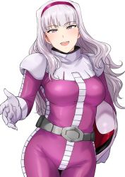 Rule 34 | 1girl, :d, blush, breasts, character request, cosplay, gloves, gundam, hairband, helmet, highres, idolmaster, long hair, looking at viewer, mobile suit gundam, open mouth, pilot suit, shijou takane, simple background, smile, solo, tsurui, white background