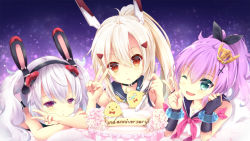 Rule 34 | 3girls, ;d, animal ears, ayanami (azur lane), azur lane, bed sheet, bird, birthday cake, cake, chick, choker, commentary request, cream, cream on face, fake animal ears, food, food on face, fork, green eyes, hair ornament, hairband, hairclip, headgear, highres, holding, javelin (azur lane), laffey (azur lane), laffey (retrofit) (azur lane), lying, manjuu (azur lane), maya (tirolpop), multiple girls, on stomach, one eye closed, open mouth, orange eyes, parted lips, ponytail, purple hair, rabbit ears, red eyes, retrofit (azur lane), school uniform, serafuku, smile, twintails, v, white hair