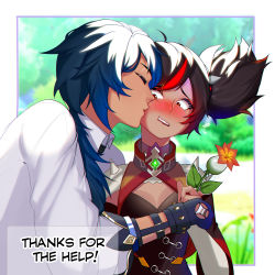 Rule 34 | 1boy, 1girl, absurdres, black hair, blue gloves, blue hair, blurry, blurry background, blush, border, breasts, cape, dark-skinned female, dark skin, detached sleeves, embarrassed, english text, flower, genshin impact, gloves, highres, holding, holding flower, jewelry, kaeya (genshin impact), kiss, kissing cheek, medium breasts, multicolored hair, multiple rings, nail polish, nose blush, red eyes, red hair, ring, shoulder spikes, sofit, spikes, streaked hair, twintails, two-tone hair, white border, white cape, xinyan (genshin impact)