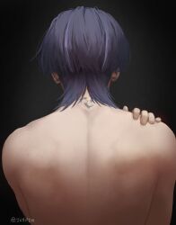 1boy absurdres back black_background blue_hair commentary english_commentary genshin_impact hand_on_own_shoulder highres jlypih male_focus neck_tattoo nude scaramouche_(genshin_impact) short_hair simple_background solo tattoo twitter_username upper_body wanderer_(genshin_impact)