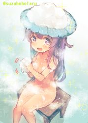 Rule 34 | 10s, 1girl, akatsuki (kancolle), bathing, censored nipples, collarbone, convenient censoring, kantai collection, long hair, looking at viewer, nude, open mouth, purple eyes, purple hair, shampoo hat, shower cap, sitting, smile, soap bubbles, soap censor, solo, star-shaped pupils, star (symbol), steam, steam censor, stool, suzuho hotaru, symbol-shaped pupils