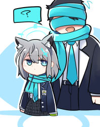 Rule 34 | 1boy, 1girl, ?, animal ear fluff, animal ears, black hair, blue archive, blue eyes, blue jacket, blue necktie, blue scarf, closed mouth, collared shirt, commentary request, cropped legs, cross hair ornament, expressionless, extra ears, gloves, green gloves, grey hair, hair between eyes, hair ornament, halo, high-waist skirt, id card, jacket, long sleeves, looking at viewer, medium hair, mismatched pupils, necktie, omo (h98013114), open clothes, open jacket, open mouth, pants, plaid, plaid skirt, pleated skirt, scarf, school uniform, sensei (blue archive), shiroko (blue archive), shirt, shirt tucked in, single glove, skirt, spoken question mark, striped clothes, striped scarf, white shirt, wolf ears