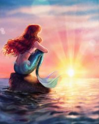 Rule 34 | 1girl, ariel (disney), fins, from behind, highres, long hair, lukaswerneck, mermaid, monster girl, ocean, red hair, rock, scales, shell, shell bikini, sitting, sitting on rock, sky, solo, sunlight, sunset, tail, the little mermaid