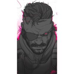 Rule 34 | 1boy, beard, facial hair, frown, full beard, glowing, glowing eye, greyscale with colored background, headband, liyamou, looking at viewer, male focus, mature male, metal gear (series), metal gear solid v: the phantom pain, outline, pink outline, portrait, short hair, solo, thick mustache, tsurime, venom snake