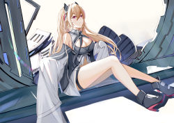 Rule 34 | 1girl, absurdres, anchorage (azur lane), azur lane, ban tang, bare shoulders, boots, breasts, cleavage, cleavage cutout, clothing cutout, dress, headgear, high heels, highres, large breasts, light brown hair, simple background, solo, thigh strap, very long sleeves, white dress, white sleeves