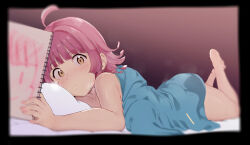 Rule 34 | 1girl, ahoge, alp, ass, blue jacket, blunt bangs, blunt ends, blush, breasts, feet, highres, holding, holding notebook, holding sketchbook, jacket, looking at viewer, love live!, love live! nijigasaki high school idol club, lying, notebook, on bed, on stomach, pink hair, rina-chan board, shiny skin, short hair, sketchbook, small breasts, solo, steaming body, sweat, tennoji rina, the pose, yellow eyes