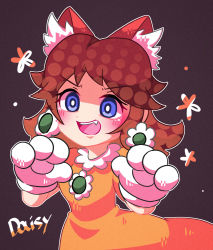 Rule 34 | 1girl, animal ear fluff, animal ears, animal hands, blue eyes, blush, brooch, brown hair, cat ears, character name, dress, earrings, eyebrows, eyelashes, fang, female focus, flower earrings, gloves, hands up, highres, hiyashimeso, jewelry, long hair, looking at viewer, mario (series), nintendo, open mouth, orange dress, outline, paw gloves, paw pose, princess daisy, smile, solo, super mario land, teeth, upper teeth only, v-shaped eyebrows, white gloves, white outline