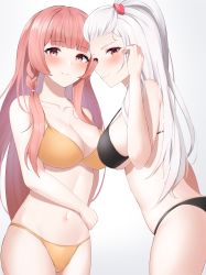 2girls absurdres bikini black_bikini blush breasts cleavage closed_mouth collarbone commission cowboy_shot futon_fly_away grey_background hair_ornament halterneck heart heart_hair_ornament highres large_breasts long_hair looking_at_viewer multiple_girls navel original pink_hair pixiv_commission red_eyes simple_background smile string_bikini swimsuit thighs white_hair yellow_bikini