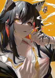Rule 34 | 1girl, animal ear fluff, animal ears, arknights, between fingers, black hair, black jacket, blouse, breasts, check commentary, cigarette, collarbone, collared shirt, colored inner hair, commentary request, earrings, hair between eyes, hair over shoulder, hand up, highres, holding, holding cigarette, hot, jacket, jewelry, charm (object), long hair, looking at viewer, medium breasts, multicolored hair, nail polish, necktie, orange background, parted lips, partial commentary, polka dot, red hair, red nails, shirt, simple background, smoke, smoking, solo, straight hair, sweat, texas (arknights), upper body, white shirt, yellow eyes, yellow necktie, yo-ba yo