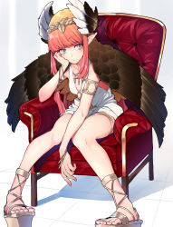 Rule 34 | 1girl, breasts, chair, cheek rest, circe (fate), collarbone, commentary request, fate/grand order, fate (series), feathered wings, feet, head wings, highres, jewelry, long hair, looking at viewer, mikan (chipstar182), pink hair, pointy ears, sandals, simple background, sitting, small breasts, solo, toes, white background, wings