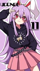 Rule 34 | 1girl, alternate costume, animal ears, arm up, belt, black hoodie, character name, closed mouth, clothes writing, contemporary, cowboy shot, crescent moon, hair between eyes, heart, highres, hood, hoodie, kyouda suzuka, long hair, long sleeves, looking at viewer, lunatic gun, moon, nail polish, pink skirt, pleated skirt, purple background, purple hair, rabbit ears, rabbit ornament, red eyes, red nails, reisen udongein inaba, simple background, skirt, smile, solo, standing, touhou, twitter username, v-shaped eyebrows, very long hair