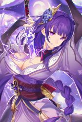 Rule 34 | 1girl, absurdres, braid, breasts, bridal gauntlets, cleavage, commentary request, electricity, floral print, flower, genshin impact, hair ornament, highres, holding, holding sword, holding weapon, huge filesize, human scabbard, japanese clothes, kimono, large breasts, long hair, long sleeves, looking at viewer, mitsudomoe (shape), mole, mole under eye, nail polish, ninelie, obi, obiage, obijime, purple eyes, purple flower, purple hair, purple nails, raiden shogun, sash, solo, sword, tassel, tomoe (symbol), weapon, wide sleeves