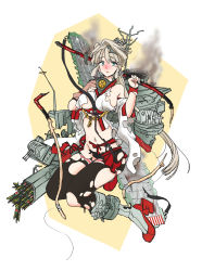 Rule 34 | 10s, 1girl, arrow (projectile), bare shoulders, blonde hair, blue eyes, blush, boots, bow, cccbast, flight deck, grey footwear, hair ornament, highres, kantai collection, long hair, original, pantyhose, shinano (aircraft carrier), shinano (kancolle), shinji (metal-chan), skirt, solo, torn clothes, torn pantyhose, torn skirt, wide sleeves