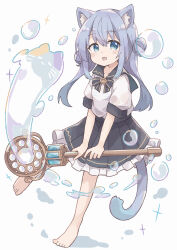 Rule 34 | 1girl, absurdres, animal ear fluff, animal ears, barefoot, black bow, black bowtie, black sailor collar, black skirt, blue eyes, blue hair, bow, bowtie, bubble, cat ears, cat girl, cat tail, colon br, commentary request, frilled skirt, frills, full body, hair between eyes, highres, holding, holding wand, long hair, original, own hands together, pleated skirt, raised eyebrows, sailor collar, school uniform, serafuku, shirt, shirt tucked in, short sleeves, sidelocks, simple background, skirt, solo, tail, wand, white background, white shirt