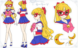 Rule 34 | 1girl, aino minako, alternate eye color, artist name, bishoujo senshi sailor moon, blonde hair, blue footwear, blue sailor collar, blue skirt, bow, brooch, brown eyes, character name, character sheet, choker, crescent, crescent facial mark, elbow gloves, facial mark, full body, gloves, hair bow, half updo, jewelry, long hair, looking at viewer, magical girl, mask, multiple persona, multiple views, pink bow, pleated skirt, pretty guardian sailor moon, profile, red bow, sailor collar, sailor v, shirataki kaiseki, shoes, skirt, smile, standing, two side up, white background, white choker, white gloves