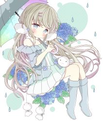 Rule 34 | 1girl, absurdres, bad id, bad pixiv id, bare shoulders, blue eyes, blue flower, blue footwear, blue jacket, blush, boots, brown hair, closed mouth, commentary, dress, flower, full body, green dress, grey umbrella, hair flower, hair ornament, hairclip, highres, holding, holding umbrella, hydrangea, jacket, knee boots, long hair, looking at viewer, low twintails, off-shoulder jacket, off shoulder, open clothes, open jacket, original, pleated dress, short eyebrows, solo, symbol-only commentary, teruterubouzu, thick eyebrows, tsukiyo (skymint), twintails, umbrella, very long hair, water drop, white background