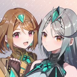 Rule 34 | 2girls, :d, absurdres, alternate color, bare shoulders, bob cut, chest jewel, fingerless gloves, gloves, gold, grey background, highres, long hair, looking at viewer, multiple girls, mythra (massive melee) (xenoblade), mythra (xenoblade), open mouth, pink eyes, portrait, pyra (xenoblade), short hair, silver, smile, swept bangs, tiara, xenoblade chronicles (series), xenoblade chronicles 2, yasaikakiage, yellow eyes