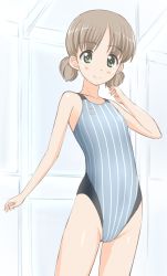 Rule 34 | 10s, 1girl, aki (girls und panzer), bad id, bad pixiv id, bare arms, bare shoulders, blush, brown hair, competition swimsuit, flat chest, girls und panzer, green eyes, looking at viewer, narrow waist, one-piece swimsuit, simple background, smile, solo, standing, striped clothes, striped one-piece swimsuit, swimsuit, takafumi