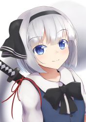 Rule 34 | 1girl, alternate color, black bow, black bowtie, blue eyes, blue vest, bob cut, bow, bowtie, commentary request, hair ribbon, highres, konpaku youmu, konpaku youmu (ghost), leaning to the side, looking at viewer, partial commentary, resa 7z (resastr), ribbon, scabbard, sheath, sheathed, shirt, short hair, short sleeves, silver hair, simple background, smile, solo, sword, touhou, upper body, vest, weapon, white background, white shirt