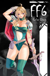 Rule 34 | 1990s (style), 1girl, adapted costume, adjusting hair, ahoge, arm strap, arm up, armor, beads, blonde hair, blue eyes, bracelet, breasts, cape, celes chere, character name, choker, cleavage, clothing cutout, collarbone, copyright name, earrings, final fantasy, final fantasy vi, green thighhighs, groin, highleg, highleg leotard, holding, holding sword, holding weapon, jewelry, leg lift, leg up, leotard, lipstick, long hair, looking to the side, lowres, makeup, moruga, navel, navel cutout, pauldrons, retro artstyle, shoulder armor, solo, standing, strapless, strapless leotard, sword, thighhighs, weapon