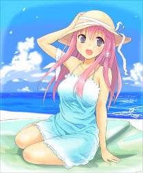 Rule 34 | 1girl, beach, breasts, cloud, day, dress, hat, large breasts, long hair, original, outdoors, pink hair, purple eyes, solo, toshiya