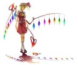 Rule 34 | 1girl, arms beside, blonde hair, dress, female focus, flandre scarlet, full body, hat, laevatein, crossed legs, one side up, reflection, ribbon, shadow, short hair, side ponytail, skirt, socks, solo, sousou (sousouworks), standing, tail, touhou, wings
