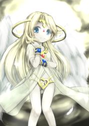 Rule 34 | 1girl, aged down, angel, angel wings, bad id, bad pixiv id, blonde hair, blue eyes, blush, breasts, child, colored skin, eyes visible through hair, feathers, flat chest, groin, highres, ilias, jewelry, long hair, lv21, mon-musu quest!, mon-musu quest: paradox, see-through, sidelocks, small breasts, smile, solo, thigh gap, white skin, wings, wrist cuffs