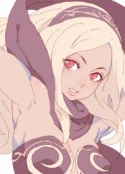 Rule 34 | 1girl, armpits, blonde hair, blush, close-up, commentary request, dark skin, dark-skinned female, gravity daze, hairband, kitten (gravity daze), long hair, looking at viewer, nose blush, parted lips, red eyes, scarf, simple background, smile, solo, tasaka shinnosuke, white background