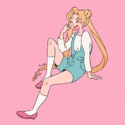 Rule 34 | 1girl, ^ ^, arm support, bishoujo senshi sailor moon, blonde hair, closed eyes, commentary, dango, double bun, earrings, eating, food, full body, hair bun, highres, jewelry, long hair, open mouth, overalls, pink background, red footwear, simple background, socks, solo, symbol-only commentary, tsukino usagi, twintails, wagashi, white socks, xephia