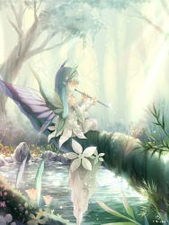 Rule 34 | 1girl, blue hair, branch, butterfly wings, closed eyes, detached sleeves, flute, hair ornament, insect wings, instrument, long hair, music, ninjinshiru, original, playing instrument, pointy ears, sitting, solo, wings