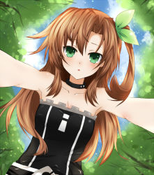 Rule 34 | 10s, 1girl, :o, bare shoulders, blush, brown hair, choker, forest, green eyes, if (neptunia), long hair, looking at viewer, nature, neptune (series), shika tsui, side ponytail, solo, strapless, tube top
