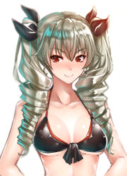 Rule 34 | 10s, 1girl, aged up, anchovy (girls und panzer), anchovy (girls und panzer), bad id, bad pixiv id, bikini, bikini top only, breasts, cleavage, closed mouth, drill hair, front-tie top, girls und panzer, green hair, hair ribbon, highres, long hair, looking at viewer, medium breasts, red eyes, ribbon, shiny skin, simple background, smile, solo, standing, swimsuit, twin drills, twintails, upper body, wavy mouth, white background, zucchini