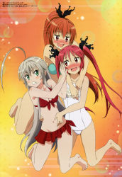 Rule 34 | 3girls, absurdres, ahoge, bandeau, barefoot, bikini, bikini skirt, blue bikini, blush, body blush, breasts, cleavage, clenched teeth, cousins, cthugha (nyaruko-san), cuune (nyaruko-san), drooling, feet, flat chest, front-tie bikini top, front-tie top, gradient background, green eyes, hair ribbon, haiyore! nyaruko-san, hand on another&#039;s face, hand on another&#039;s stomach, hands on another&#039;s chest, high ponytail, highres, ishida kazumasa, kneeling, light particles, long hair, looking at another, looking at viewer, megami magazine, multiple girls, name tag, naughty face, navel, non-web source, nose blush, nyarlathotep (nyaruko-san), official art, one-piece swimsuit, orange hair, own hands together, ponytail, red bikini, red eyes, red hair, ribbon, saliva, scan, school swimsuit, silver hair, swimsuit, teeth, toes, torso grab, triangle mouth, twintails, very long hair, white one-piece swimsuit, white school swimsuit, yuri