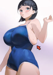 Rule 34 | 1girl, alternate breast size, alternate eye color, aqua eyes, belly, black hair, blue one-piece swimsuit, blush, bob cut, breasts, bursting breasts, covered navel, feet out of frame, hair ornament, hairclip, hand up, huge breasts, ikuchan kaoru, kirigaya suguha, large breasts, looking at viewer, looking down, looking to the side, one-piece swimsuit, open mouth, parted lips, school swimsuit, short hair, sideboob, skindentation, solo, standing, sweat, swimsuit, sword art online, thighs, undersized clothes