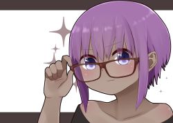 Rule 34 | 1girl, :3, bare shoulders, bespectacled, black background, black shirt, blush, brown-framed eyewear, closed mouth, collarbone, dark-skinned female, dark skin, fate/prototype, fate/prototype: fragments of blue and silver, fate (series), glasses, hair between eyes, hassan of serenity (fate), highres, i.u.y, looking at viewer, off-shoulder shirt, off shoulder, portrait, purple eyes, purple hair, shirt, sidelocks, solo, sparkle, two-tone background, white background